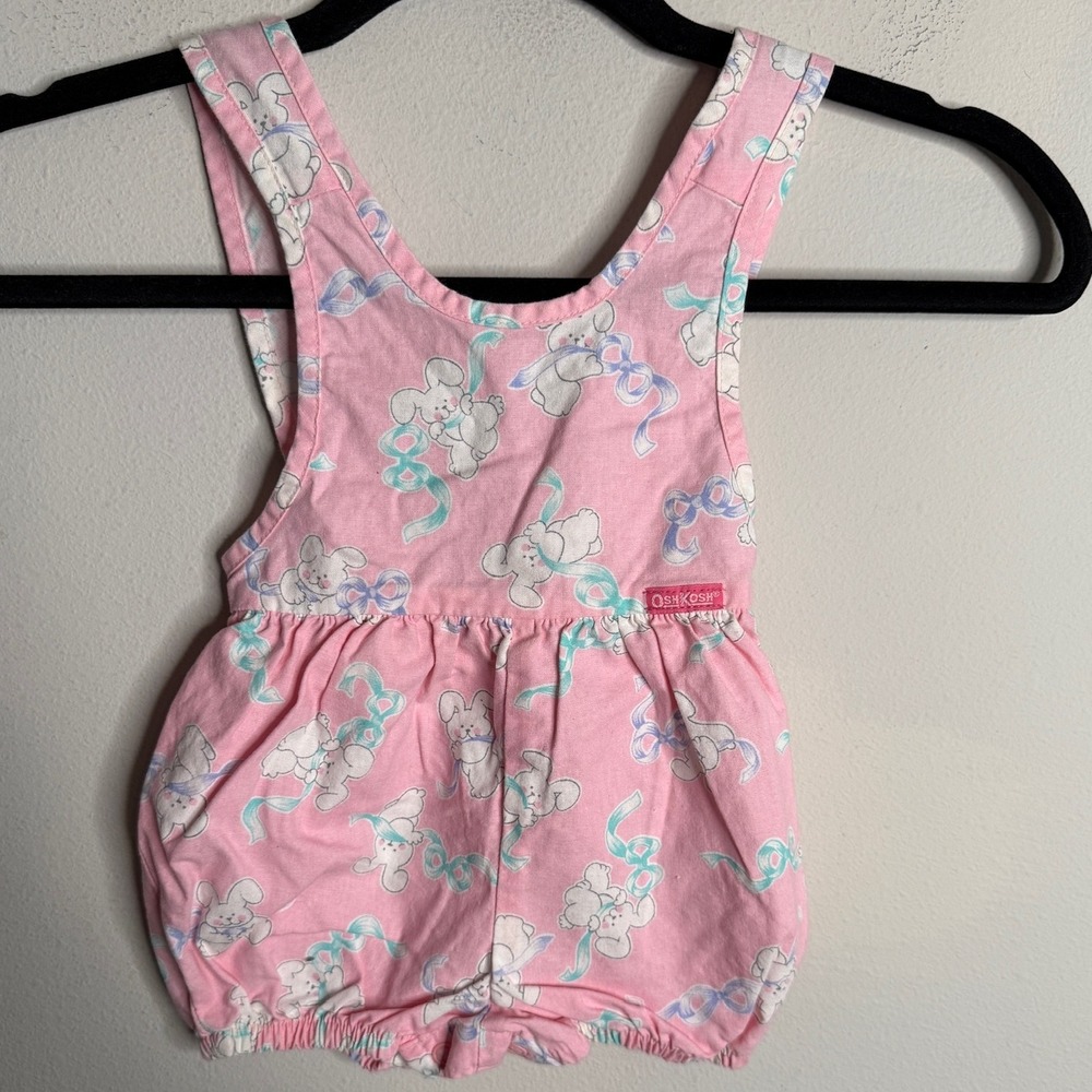 Vintage OshKosh B'Gosh Infant‎ 3-6M Pink Bunny Print Romper Overalls Cute Summer